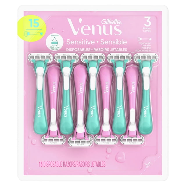 Gillette Venus Sensitive Women's Disposable Razors pack with 15 disposable razors, each featuring 3 blades, ergonomic anti-slip handles in pink and teal, and SkinElixir lubrastrip for sensitive skin protection, arranged in a pink blister package.