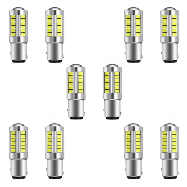 Ensemble de 10 Ampoules DEL Super Lumineuses 1157 P21/5w Bay15d, Ampoules DEL Équipées de 33 chipsets de Haute Qualité 5730. Ces Ampoules Couleur Argent Offrent un Éclairage Plein Angle à 360 Degrés avec un design d'Objectif de Projecteur, Idéales pour les Feux de Freinage, les Feux de Stop, les Clignotants, la Marche Arrière, les Coins, le Stationnement, la Queue et les Lumières de Secours. Fonctionnant à 12 V C.c. d'Une Puissance