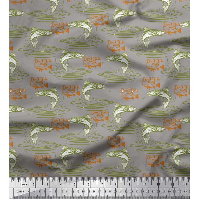 Soimoi Green Cotton Poplin Fabric Text & Fish Ocean Printed Fabric 1 Yard 42 Inch Wide
