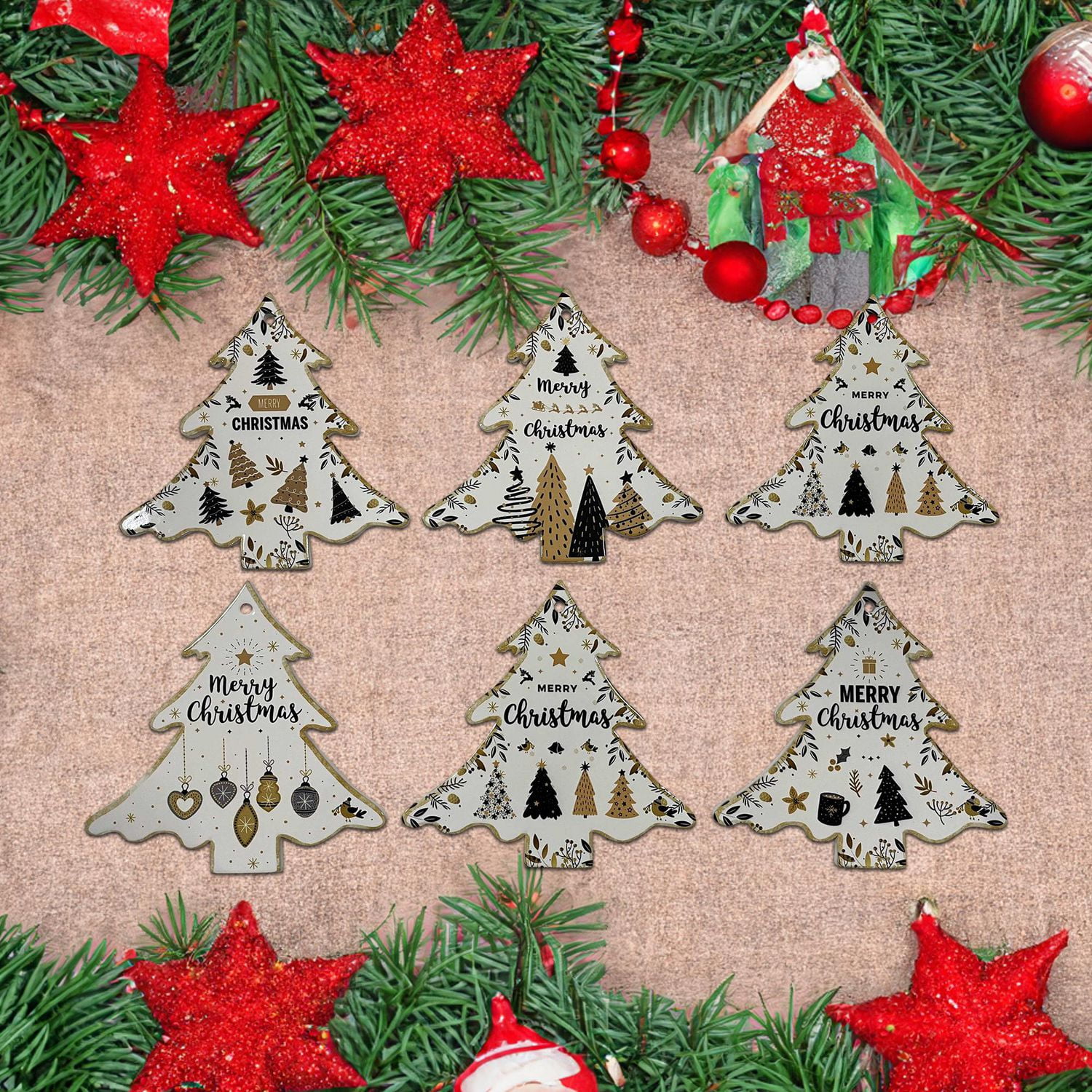 Christmas Ceramic Tree Forme Trivet Merry Christmas - Ensemble De 6