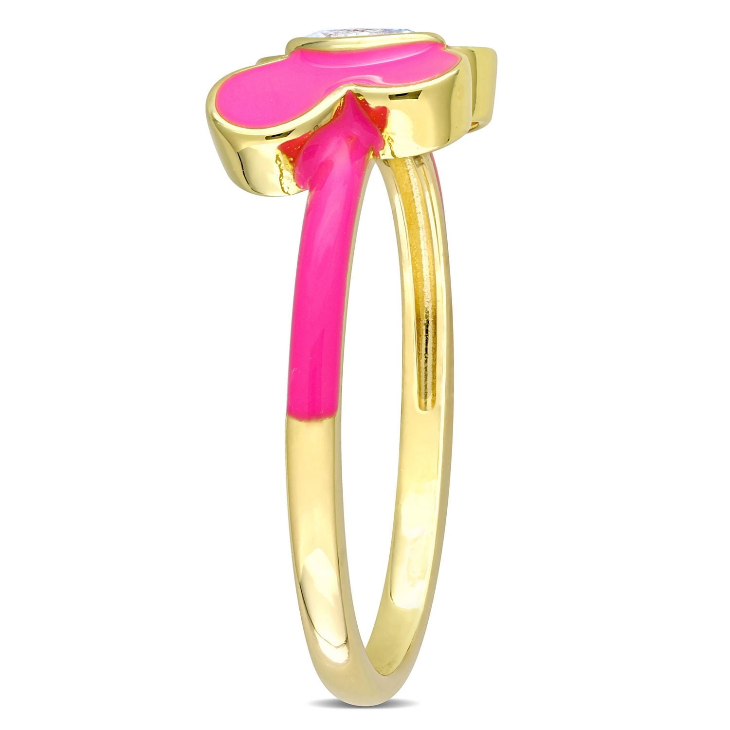 Miabella Created White Sapphire Yellow Rhodium Plated Sterling Silver Pink Enamel Butterfly Ring