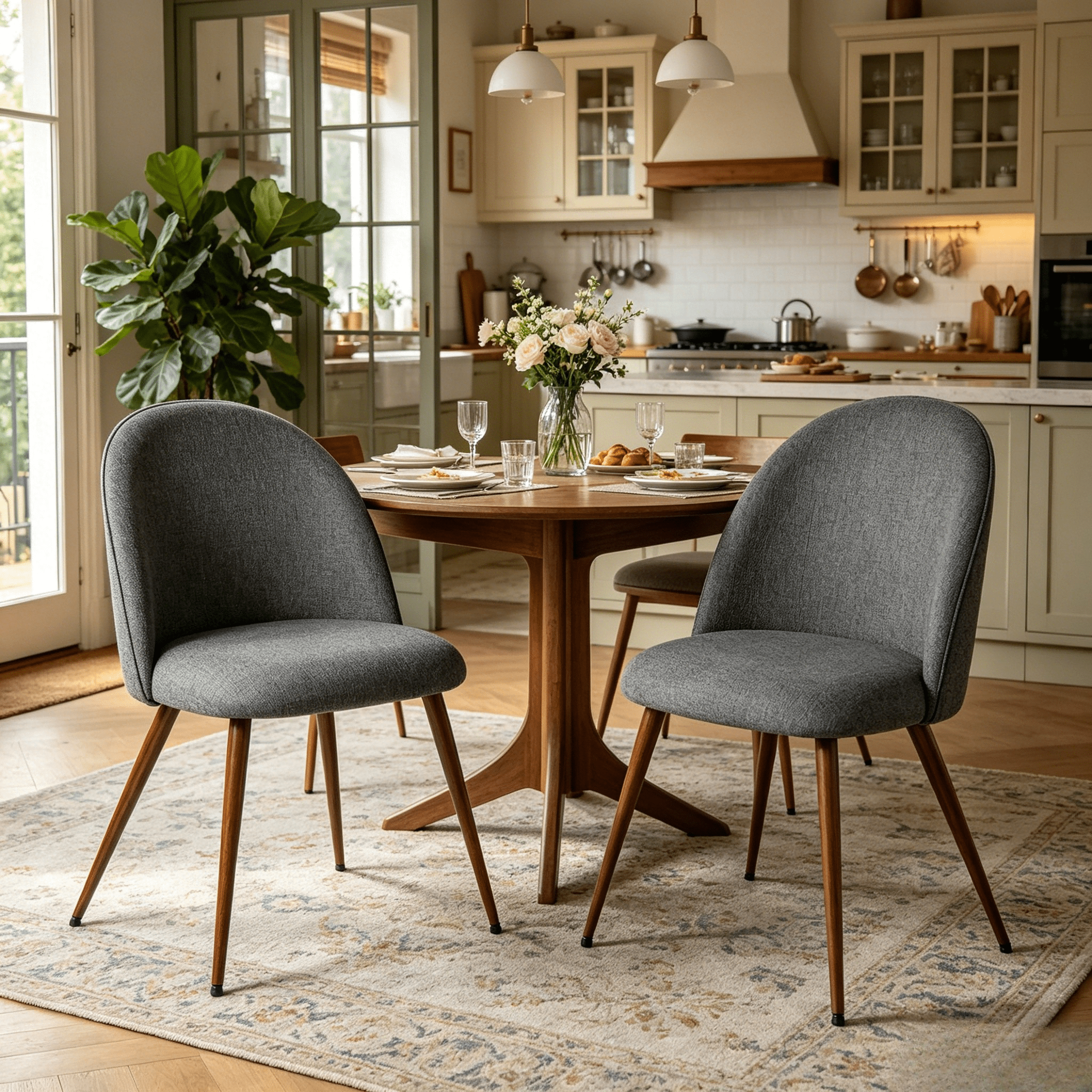 Homy Casa chaises de salle à manger lot de 2, tissu gris, dossier courbé, pieds en métal aspect noyer