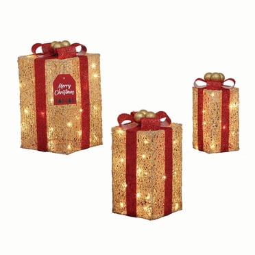 Holiday Time 3-Piece Lighted Glittering Gift Boxes Outdoor Decor, with 70 Warm White LED Lights