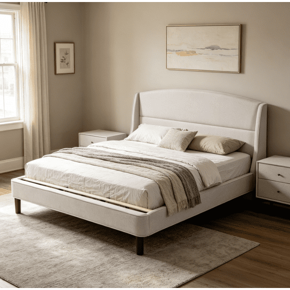 Homy Casa King Upholstered Platform Bed Frame with Curved Headboard, Wood Slats, Robot Vacuum Clearance, Beige