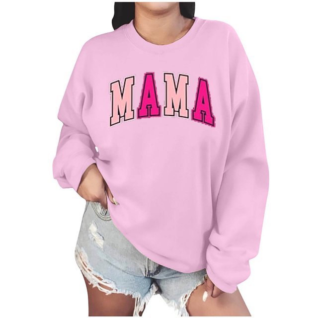 Culottes pour Femmes Chandail Maman Femmes Surdimensionné Paillettes Patch Maman Chandails à Col Rond Maman Imprimé Manches Longues Ample Mode Chandail S Rose