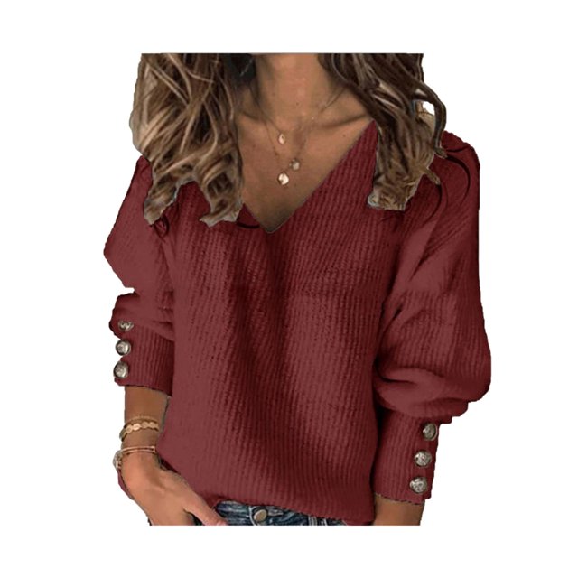 MAWCLOS Ladies Pullover Long Sleeve Knit Tops V Neck Tunic Blouse Loose Work Solid Color Top Wine Red 3XL