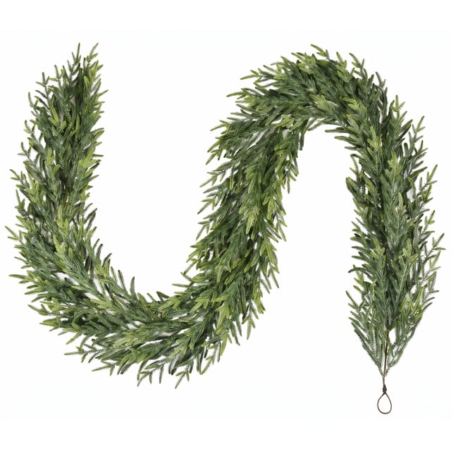 Holiday Time 9' Unlit Norfolk Christmas Garland, Green 9-foot green Norfolk-style garland with 1287 branch tips, front-facing draped over a white mantel; dense layered faux pine branches, ready-to-hang for mantel, doorway, dining or living room seasonal decor, suitable for indoor and outdoor use.