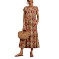thumbnail image 1 of Innerwin Robe d'Été de Plage à Manches Courtes pour Femme, Longue Robe de Fête, Col Rond, Caftan, Robes Maxi, Kaki G, 1 of 4