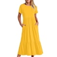 thumbnail image 2 of Penkiiy Robe Maxi Évasée d'Été Décontractée pour Femme à Manches Courtes et Col Ras du Cou, Fluide, Asymétrique, à Étages, Robe de Plage avec Poches m Jaune, 2 of 8
