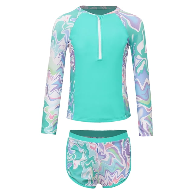 Xnihocha Littl E Big Girls Floral 2 Pcs Rash Guard Sets Zip Neck Swim Shirts With Shorts Swimsuits Green 10Y