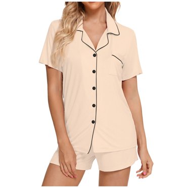 HNMKIU Loose-Fit Sleepwear Set Womens Pajamas Set Short Sleeve Sleepwear Button Down Nightwear Shorts Soft Home Wear Sets