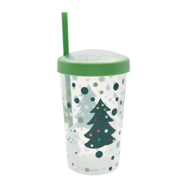 Holiday Time Gobelet en plastique à pois et sapins de Noël avec paille, couvercle vert pailleté, articles de fête