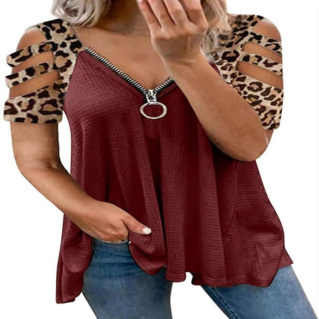 T-shirt pour Femmes à Motif Imprimé Léopard, Manches Courtes, Col en V