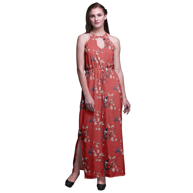 Bimba Robe Maxi à Imprimé Ficelle pour Femmes avec Fentes Latérales, Col Rond, Grande Taille