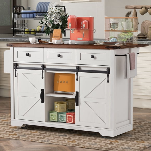 Farmhouse Kitchen Island with Sliding Barn Doors & Power Outlets - 53.7" White