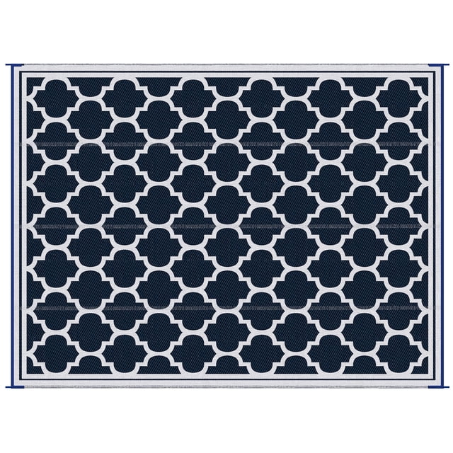 Reversible Outdoor RV Rug, 9' x 12' Patio Floor Mat in dark blue and white with a geometric pattern. Made from durable 310g/m² polypropylene, it resists water, UV, and fading. Features a foldable design, reversible sides, and corner straps for secure placement. Suitable for camping, RVs, patios, and more.