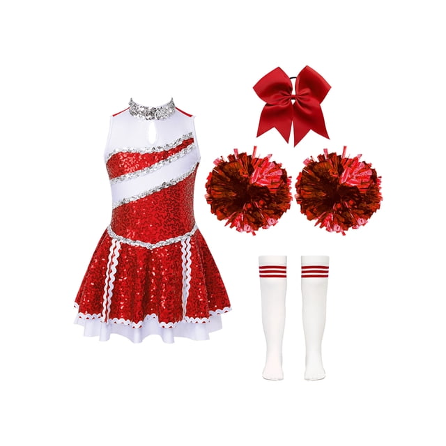 Uniforme de Cheerleading pour Filles, Robe de Danse à Sequins Sans Manches avec Pompons, Chaussettes Rouges 16
