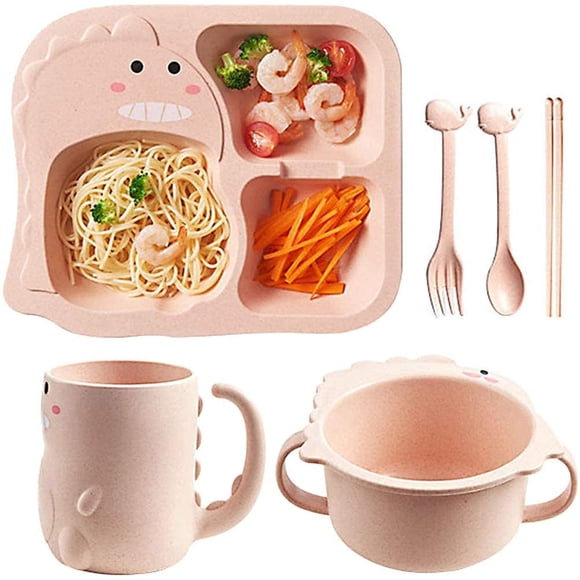 Dinner Plate Set, Children's Dishes Set, 6-piece Children's Dishes and Plates, Children Bowl, Cup, Spoon, Fork, Cartoon Little Dinosaur, Pink