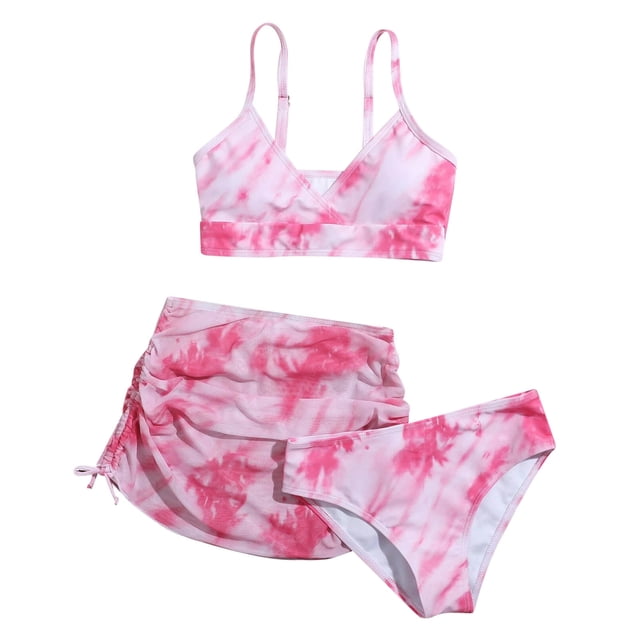 Nwiuh Girls' Piece Set Floral Print Bikini Swimsuit with Drawstring Beach Skirt Cute Ruched Bathing Suit (Pink, 10Y)