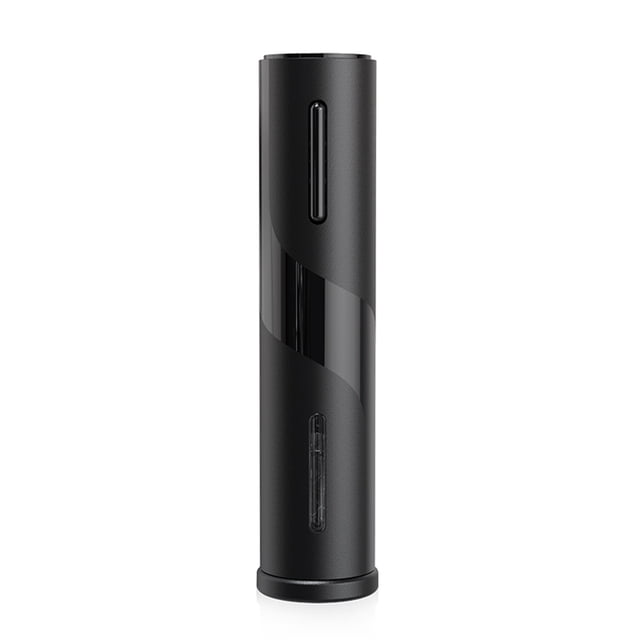Amdohai Electric Wine Opener Automatic Electric Wine Bottle Corkscrew Opener in black, featuring a sleek cylindrical design with a transparent window for visualizing the cork removal process. Rechargeable via USB cable, it includes a foil cutter and is suitable as a gift for wine enthusiasts.