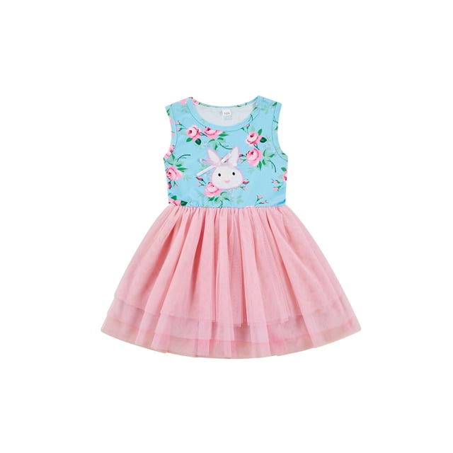 Xingqing Toddler Baby Girl Easter Sundress Rabbit Floral Print Sleeveless Tulle Patchwork Dress Summer Clothes