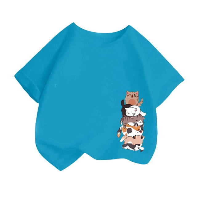 LUOGENLI T-Shirt pour Filles Enfant Filles Mignon Mode Imprimé Décontracté Ample Col Rond Manche Courte Tee Été T-Shirt Hauts Chemises pour Filles 2025 Moins de 20 Bleu Foncé 2-4 Ans