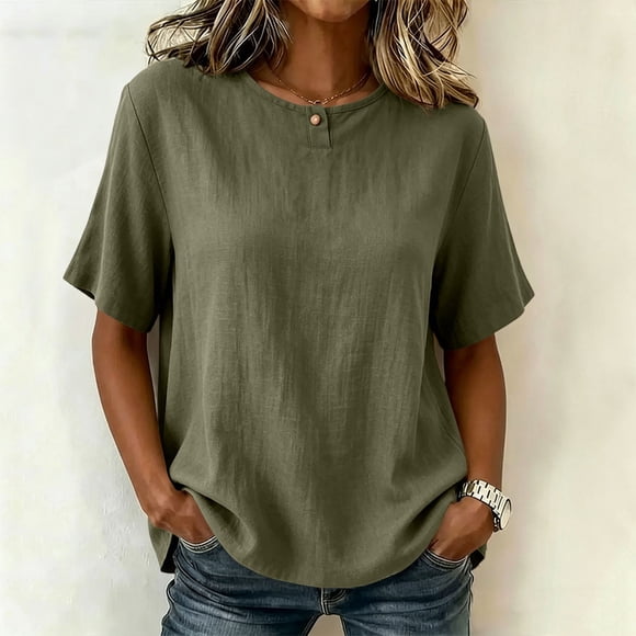 Craaazy Hauts d'Été pour Femmes à Manches Courtes, Col Henley, Mélange Coton-Lin, Coupe Ample, Couleur Unie, Chemisiers Décontractés, T-shirts Légers pour le Travail et le Quotidien