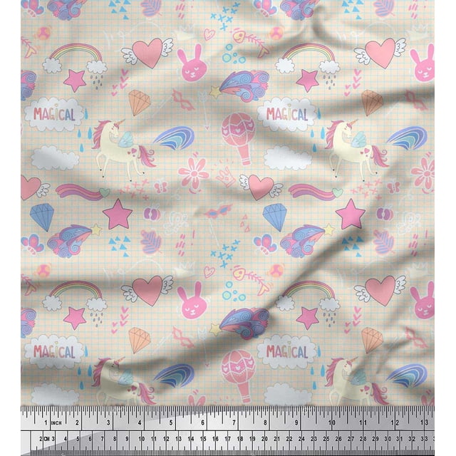 Soimoi White Poly Georgette Fabric Heart & Unicorn Kids Printed Fabric 1 Yard 52 Inch Wide