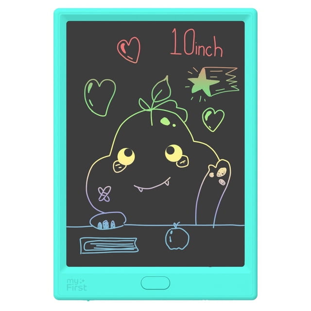 myFirst Sketch Pro Neo - LCD Writing Tablet in blue with a 10-inch anti-glare display showing a colorful doodle of a smiling monster with yellow eyes, hearts, a star, a book, and an apple in pastel rainbow colors on the black screen, suitable for kids' drawing and note-taking.