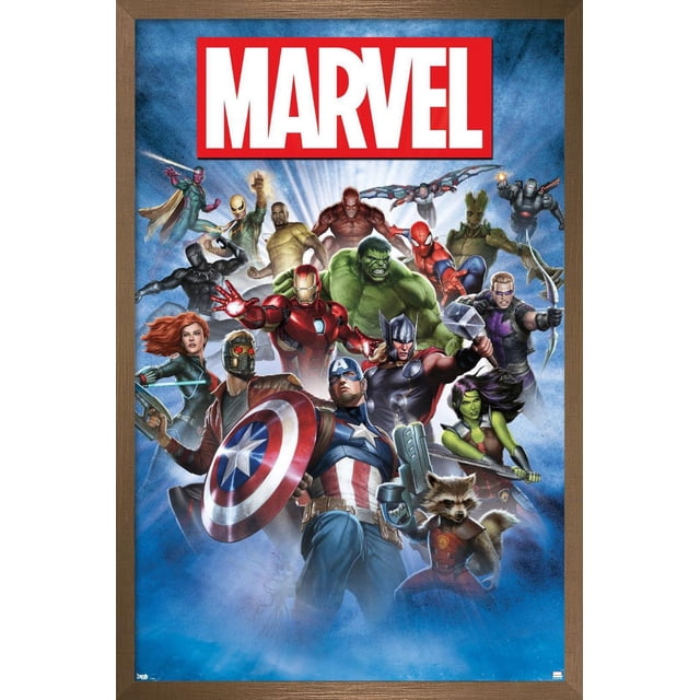 Marvel Comics - Group Shot Wall Poster, 22.375" x 34", framed with a front-facing view of Marvel superheroes including Captain America with shield, Iron Man, Thor with hammer, Hulk, Spider-Man, Black Panther, Rocket Raccoon, Gamora, Groot, Star-Lord, Black Widow, Hawkeye, War Machine, and Vision on a blue background with radiant light beams and a red Marvel logo, ideal for bedroom or office wall decor.