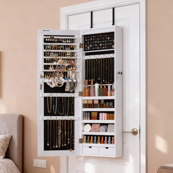LEDREM Wall-Mounted Jewellery Cabinet with LED Lights and Full-Length Mirror, 42.5 Inch Jewellery Armoire Organizer with Multiple Storage, White