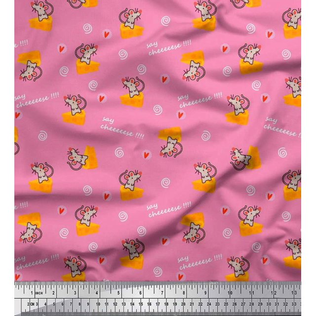 Soimoi Pink Rayon Fabric Cheese Slice & Rats Kids Decor Fabric Printed Yard 56 Inch Wide