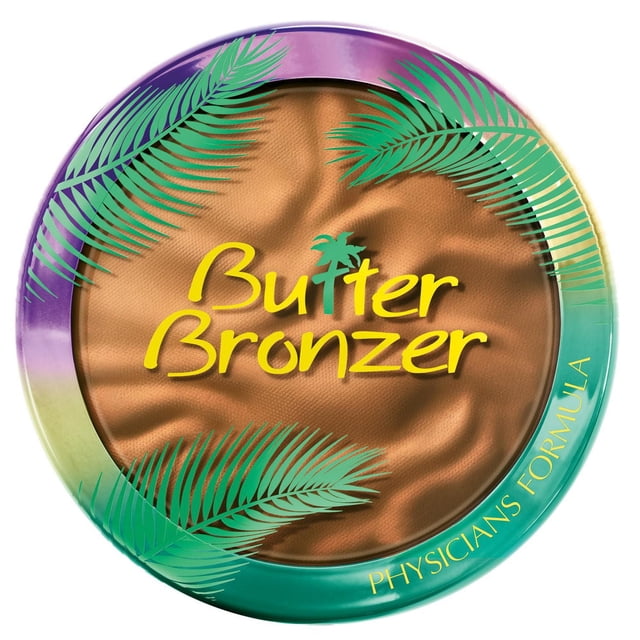 Murumuru Butter Bronzer by Physicians Formula, round compact with creamy bronze powder and gradient purple-green lid decorated with green palm leaves and yellow 'Butter Bronzer' text, suitable for a radiant Brazilian glow and smoothing skin texture.