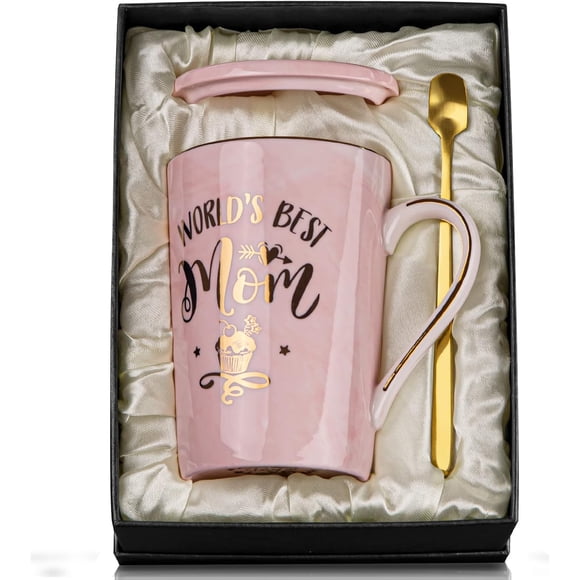Gifts for Mom - Worlds Best Mom Mug - Mom Birthday Gifts from Daughter Son Kids - Unique Birthday Gifts Ideas for Mom, Wife, Mother - Ceramic Marble Coffee Mug Gifts Printed Gold 14oz Pink