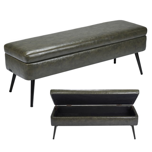 VEVOR PU Leather Storage Ottoman Bench Shoe Seat with Storage & Metal Legs Green