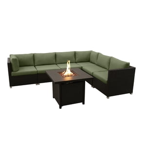 Innesbrook Collection 7-Piece Aluminum Patio Conversation Set with Green Cushions and Square Fire Table