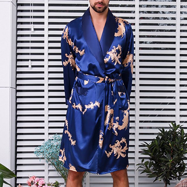 LSLJS Hommes Décontracté Manches Longues à Lacets Imprimé Maison Poche Longue Robe de Pyjama, Peignoirs Cadeaux pour Hommes
