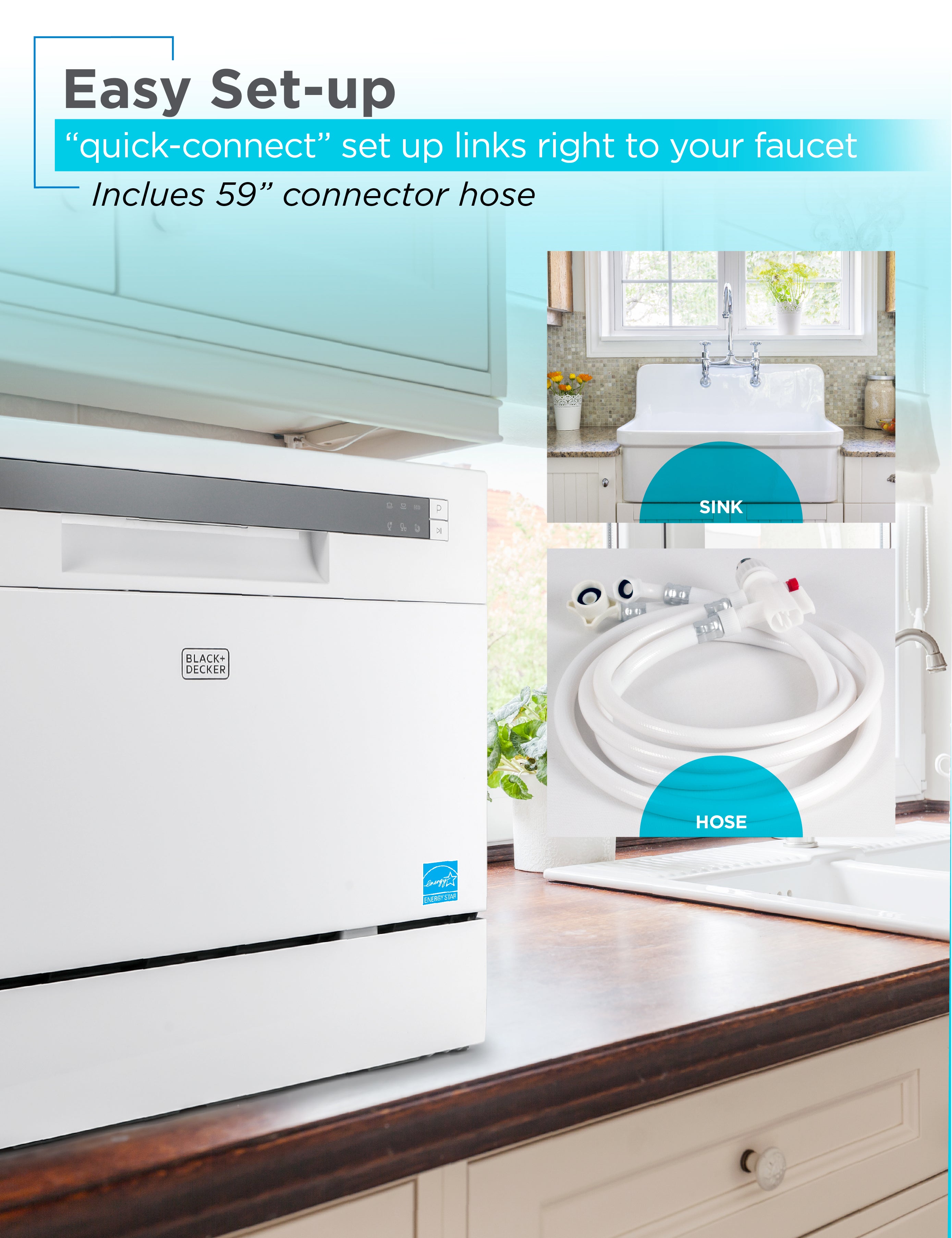 BLACK+DECKER Countertop Dishwasher, 6 Wash Programs, 6-Place Setting Capacity, Stainless Steel Interior, ENERGY STAR Certified, BCD6SD, White