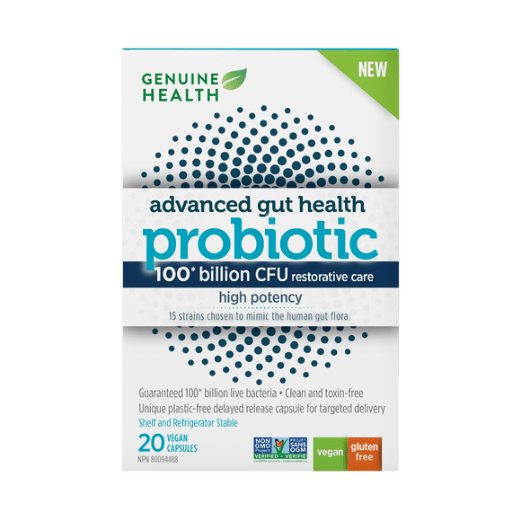 Genuine Health Advanced Gut Health Extra-Strength Probiotic, 20 count, 100 Billion CFU, 15 diverse and balanced strains per capsule, Dairy, soy & gluten-Free, Non-GMO, Vegan