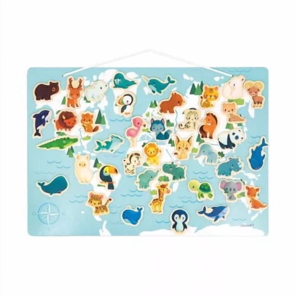 Janod - Puzzle Magnétique du Monde Minikids - 40 Aimants en Bois FSC - 1 Poster - Aimants Animaux - 24 Mois