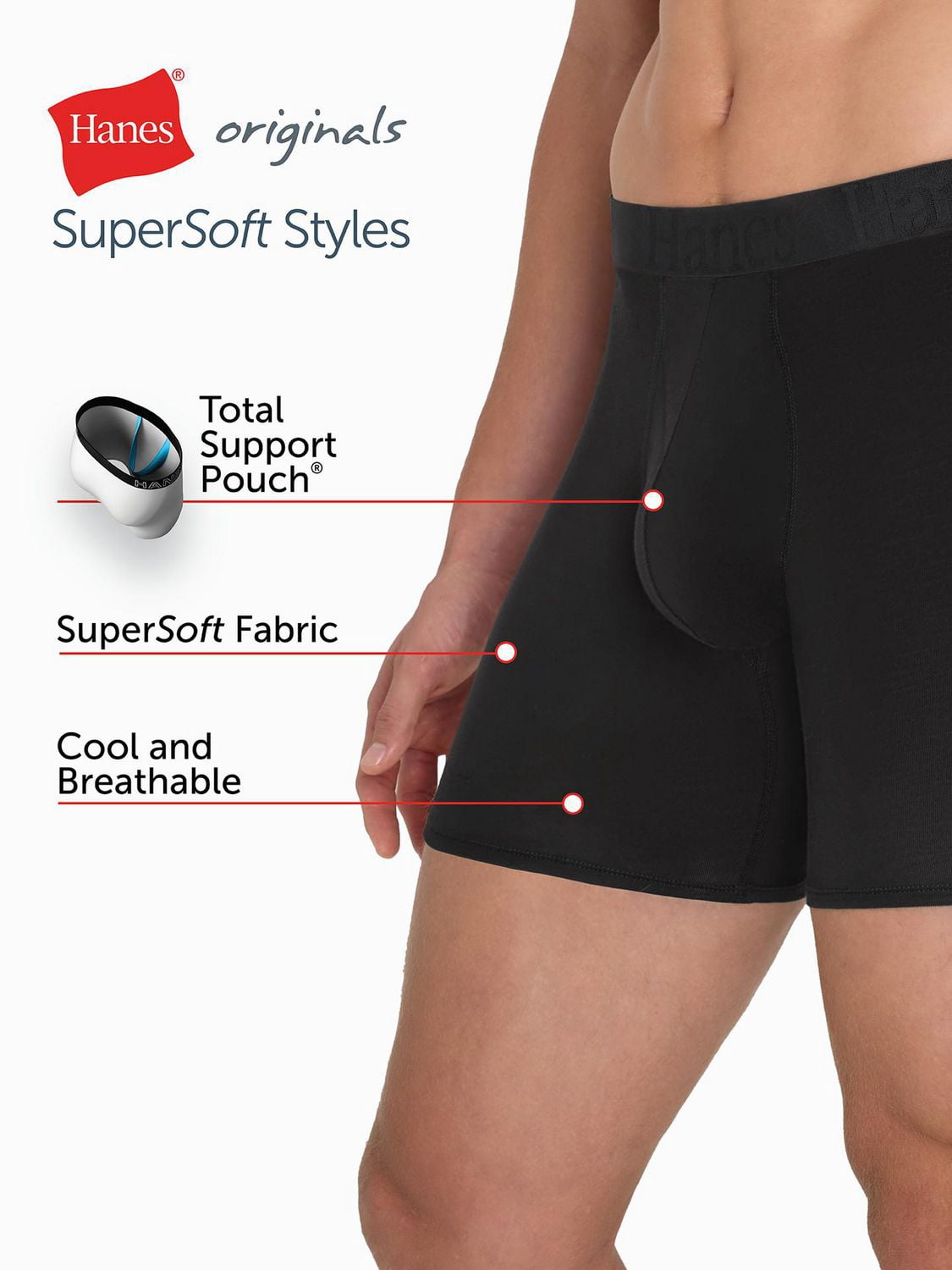 Hanes Originals Men's SuperSoft Boxer Brief Underwear, Total Support Pouch, Black, 3-Pack