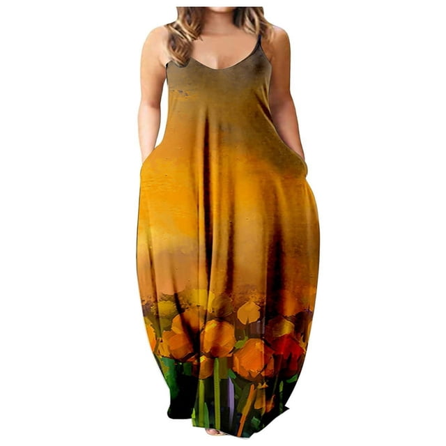 Robe Longue d'Été pour Femme à Col Rond, Imprimée, Sans Manches, Grande Taille, à Enfiler, à Bretelles Spaghetti, Longue Robe Maxi avec Poches