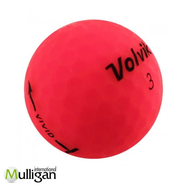 Mulligan - 48 Volvik Vivid Matte 4A Recycled Used Golf Balls, Pink showing a close-up of a single pink matte golf ball with black 'Volvik' branding, number 3, and 'Vivid' text with arrow, emphasizing its 4A quality and eco-friendly recycled design suitable for advanced golf players.