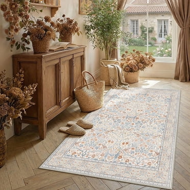 BERTHMEER 4'x6' Area Rugs for Living Room Bedroom Dining Room Office Farmhouse Floral Washable Vintage Oriental Traditional Indoor Rugs Carpet, Beige