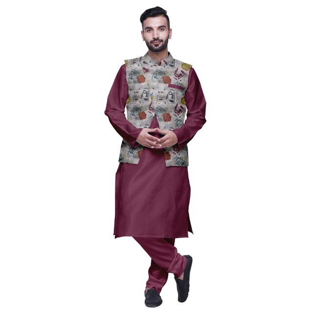 Atasi Kurta Churidar Uni pour Homme à Col Mandarin, Pyjama et Ensemble de Veste Nehru Imprimée