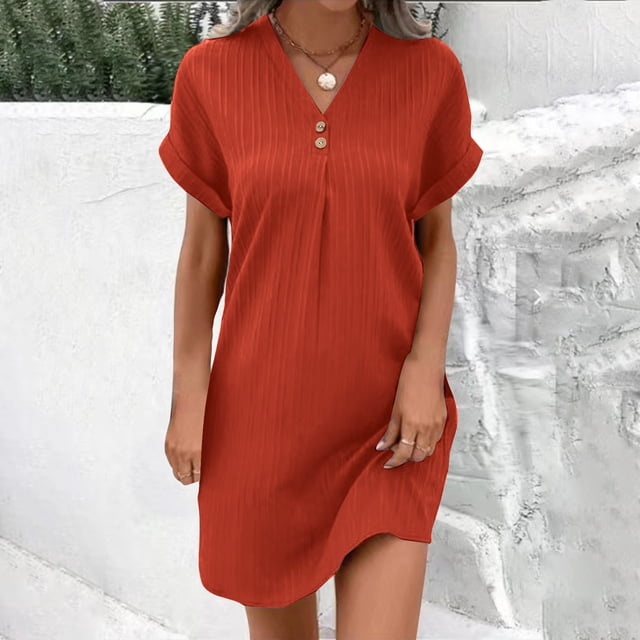 FcBaudy Robe à Manches Courtes Col en V Longueur Genou, Robes d'Été pour Femmes, Robes Décontractées pour Femmes Col Rond Manches Courtes avec Poches Fendue à Ourlet Croisé Robe pour Femmes