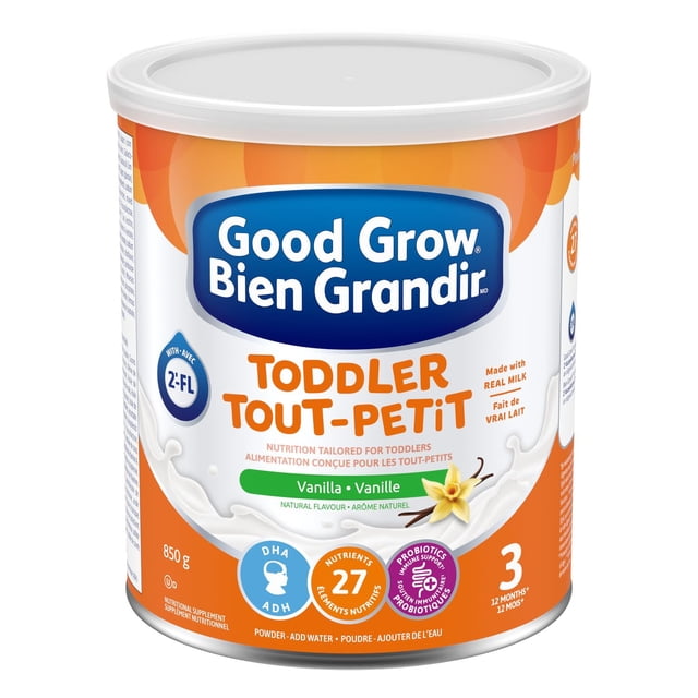 Good Grow Nutritional Toddler Drink, 12+ months, Vanilla Flavour, 850 g powder canister with bilingual orange and white label, containing 27 nutrients including DHA and probiotics, made with real milk to support toddlers' growth, brain development, and immune health from 1 to 3 years old.