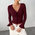 thumbnail image 2 of Plebaso Women's Spring Summer Tops Crop Bell Long Sleeve Ribbed Shirts V Neck Drawstring Casual Knit Tee, 2 of 6