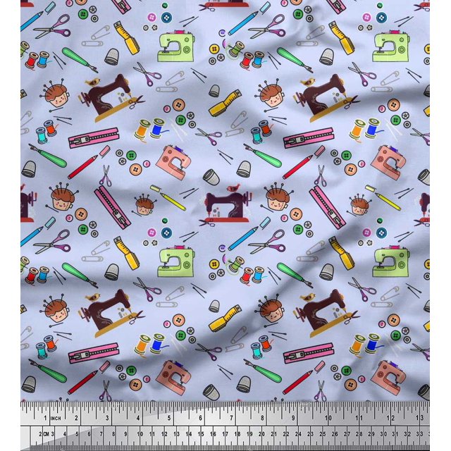 Soimoi Rayon Crepe Fabric Scissor,Buttons & Machine Sewing Fabric Prints by Yard 46 Inch Wide