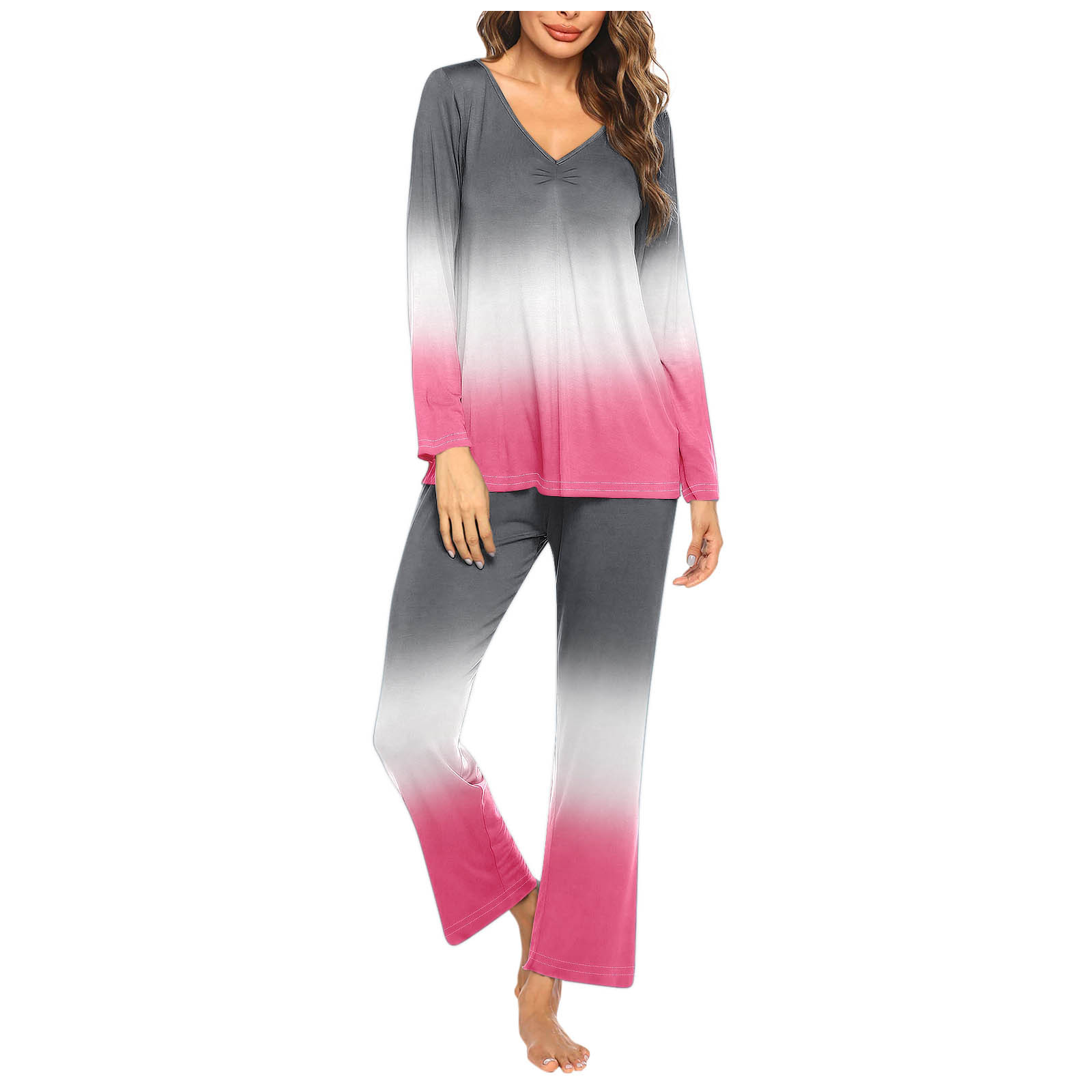 Timegard Ensembles de Pyjamas pour Femmes 2 Pcs Confortables Couleur Dégradée Manches Longues Col en V Haut et Pantalon Tenues de Pjs